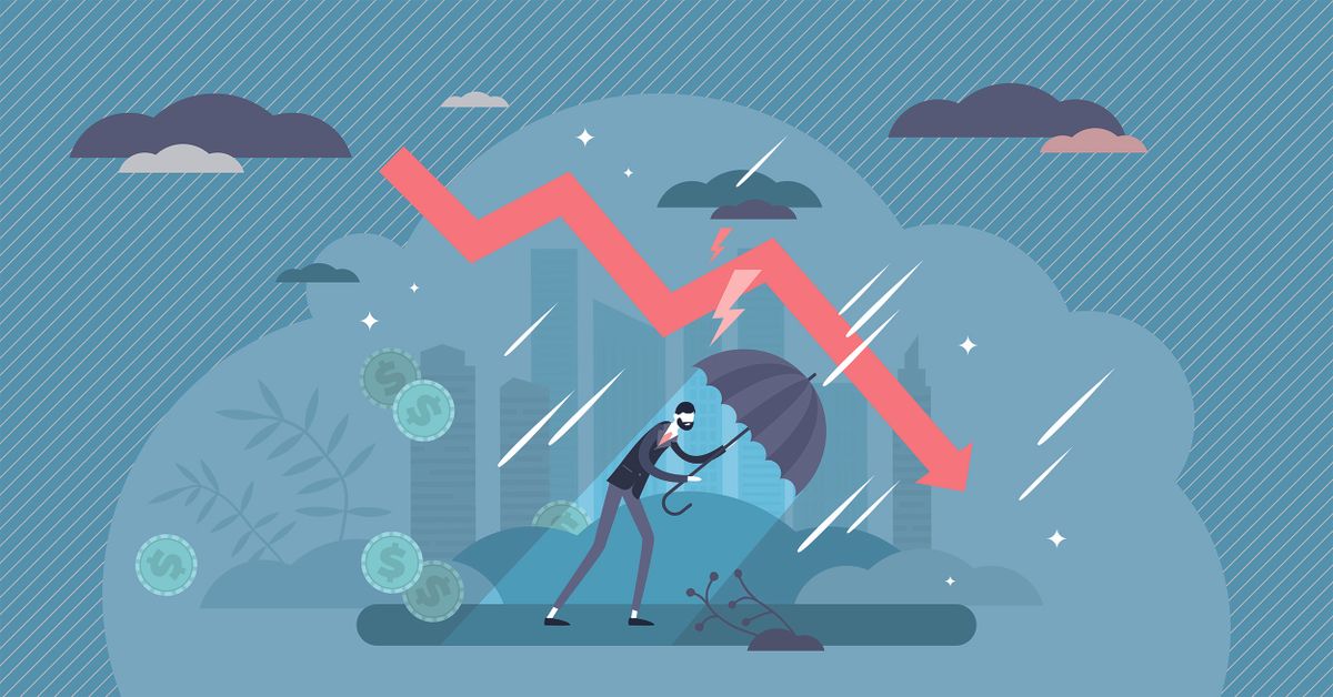Recession financial storm concept, tiny business person vector illustration. World economy recession and global market collapse risk. Business bankruptcy loss challenges and stock market crash arrow.