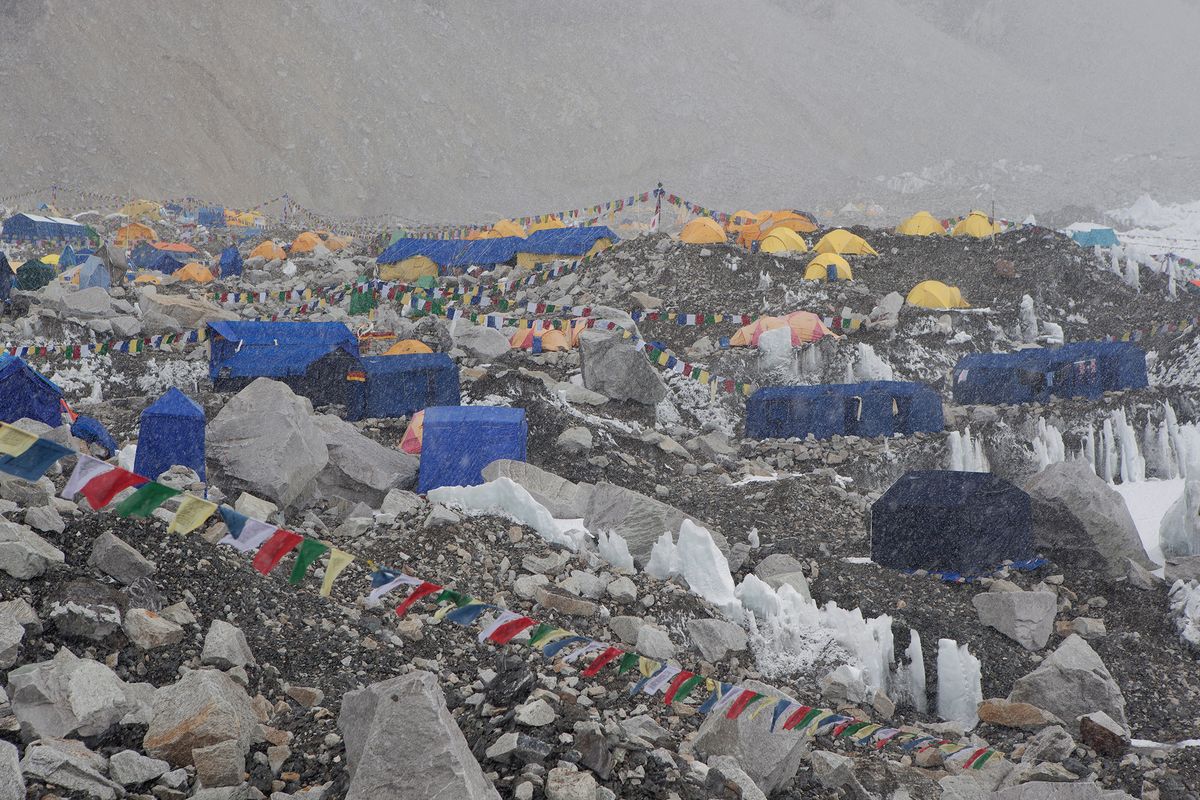 Everest Base Camp in Snow Storm. Himalaya Mountain Range. Nepal.