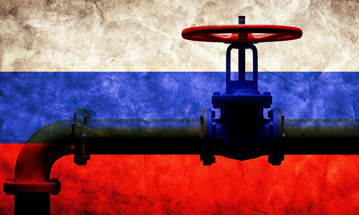 Russian gas transmission, valve on pipeline against flag of Russia. Concept of Russian gas dependance 3d render