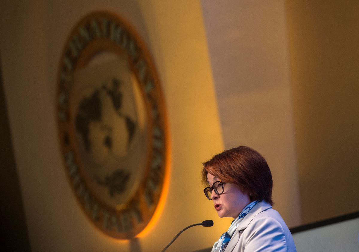 Governor of the Central Bank of Russia Elvira Nabiullina speaks during the 2018 Michel Camdessus Central Banking Lecture at the IMF headquarters  in Washington, DC on September 6, 2018. (Photo by ANDREW CABALLERO-REYNOLDS / AFP)