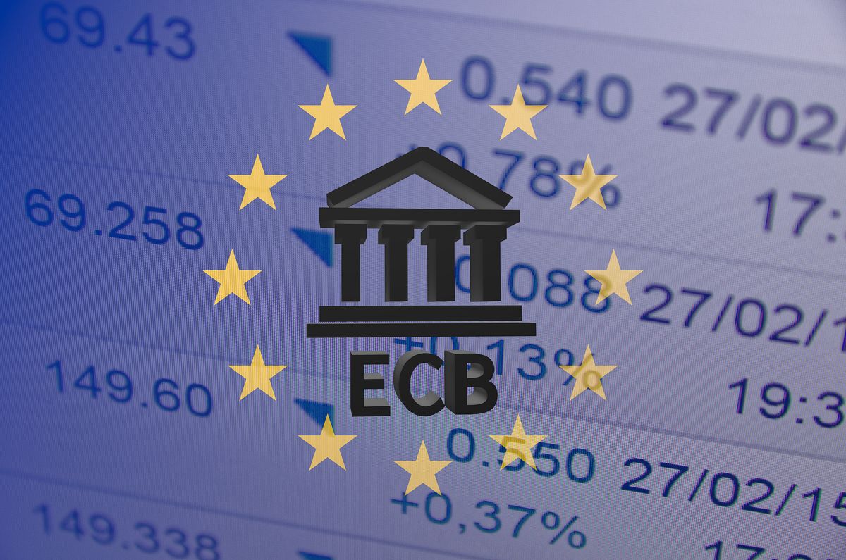 Abstract EU economy concept. Building and text ECB on the bottom. 3d render.