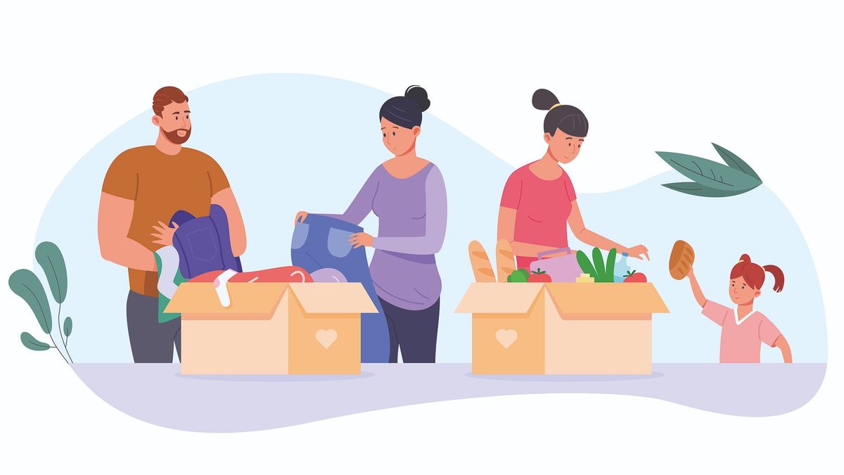 Clothes and food donation. Volunteer collecting box humanitarian help, charity people giving grocery goods for poverty homeless shelter, volunteers social work vector illustration, adomány