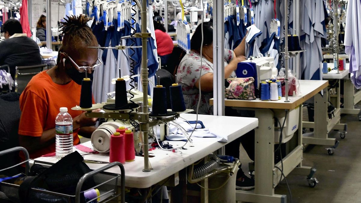 A picture shows a ready-wear garment factory of Tian Yuan Garments Co. in Little Rock, Arkansas on May 6, 2022. The company is based in Jiangsu province, China. Almost all workers on the production line are locals. ( The Yomiuri Shimbun ) (Photo by Kazuhiko Makita / Yomiuri / The Yomiuri Shimbun via AFP)