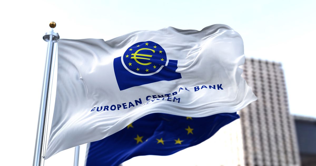 Frankfurt,,Ger,,March,2022:,The,Flag,Of,The,European,Central, Frankfurt, GER, March 2022: The flag of the European Central Bank waving in the wind with the European Union flag blurred in the background. European currency.