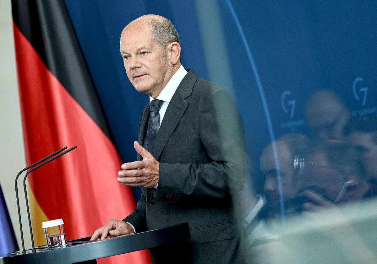 22 July 2022, Berlin: German Chancellor Olaf Scholz (SPD) speaks at a press conference in the Chancellor's Office on current energy policy issues. As part of a rescue package, the German government is getting involved in the ailing energy group Uniper. Photo: Britta Pedersen/dpa (Photo by BRITTA PEDERSEN / DPA / dpa Picture-Alliance via AFP)