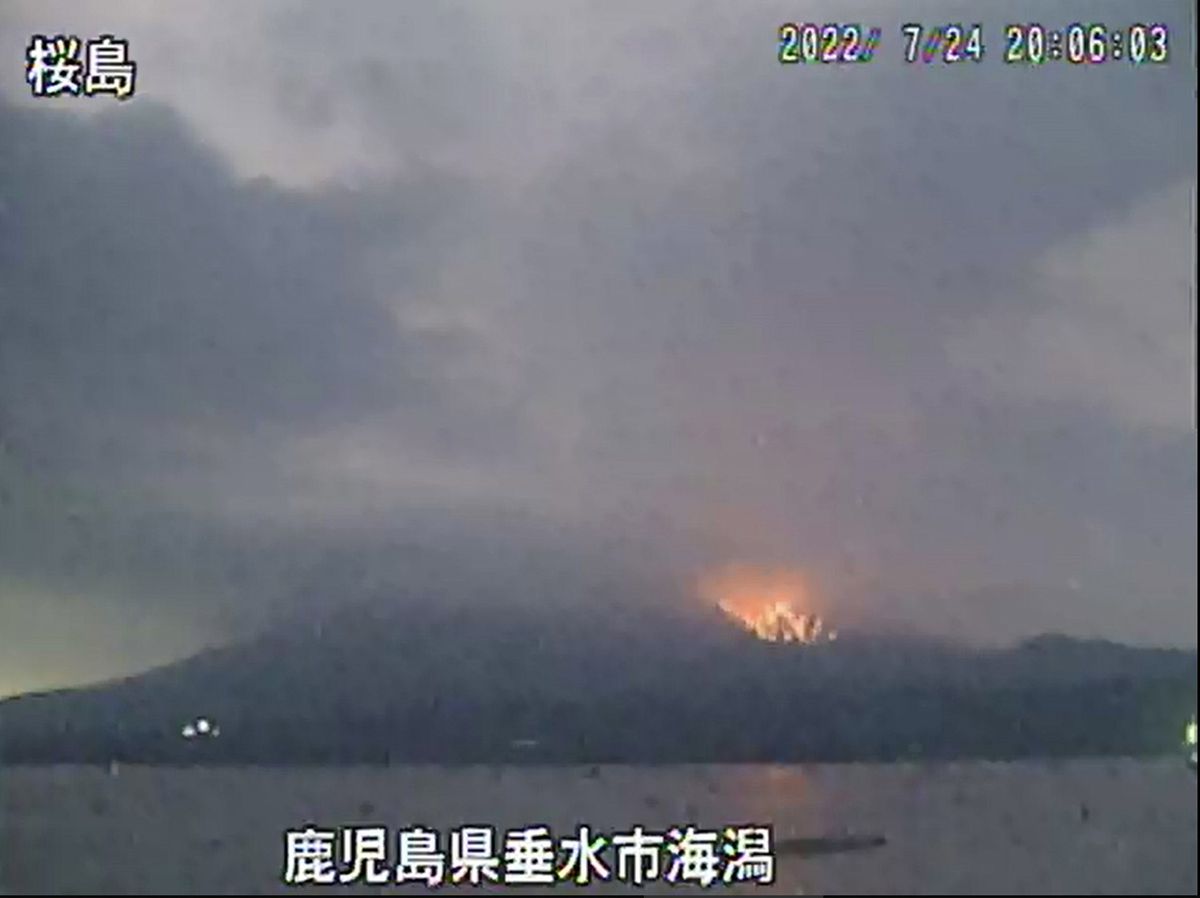 Sakurajima volcano in Kagosima, southwestern Japan erupts, epa10090465 A surveillance camera image from the Osumi National Highway Office, Ministry of Land, Infrastructure, and Transport shows the eruption of the Sakurajima volcano in Kagosima, southwestern Japan, 24 July 2022 (issued 25 July 2022). The Japan Meteorological Agency said on 24 July it raised the alert to highest level of the five from the three on the five level scale after the eruption.  EPA/Osumi National Highway Office, Ministry of Land, Infrastructure, JAPAN OUT EDITORIAL USE ONLY/