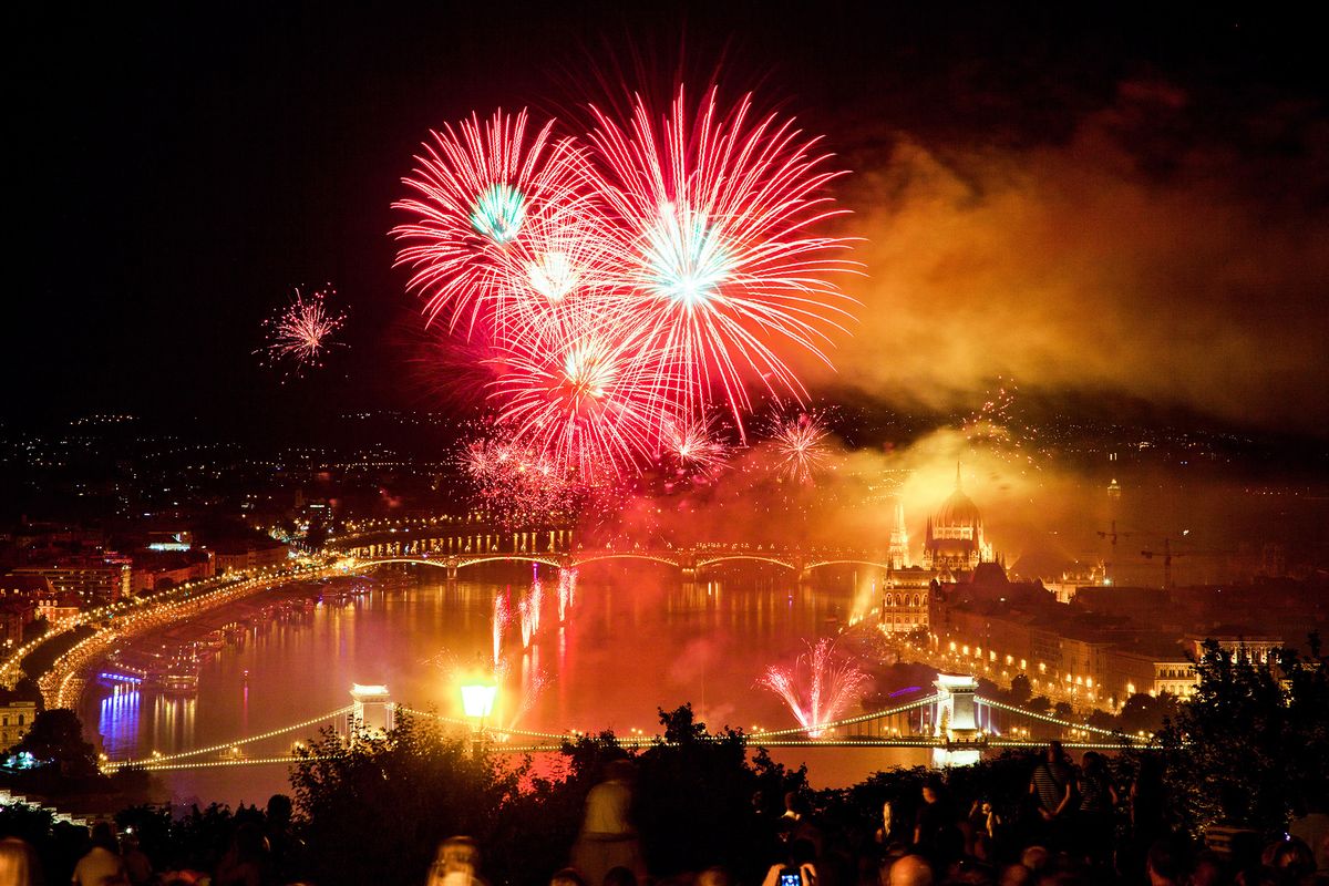 Fireworks Show over Budapest on 20th August (St. Stephen's Day), celebrating the foundation of the Hungarian state, Budapest, Hungary, Europe (Photo by Nagy Melinda / Robert Harding RF / robertharding via AFP)