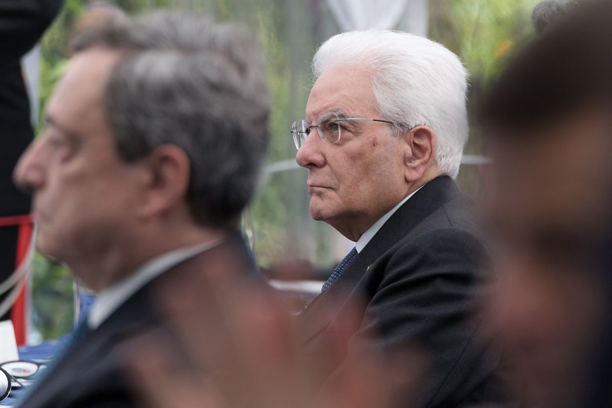Italian President Sergio Mattarella attends the 'Verso Sud' forum at Villa Zagara in Sorrento, Southern Italy, on May 13, 2022. The Forum aims to present a vision and development agenda for Southern Italy, focusing on its role as a strategic hub and connection platform for Europe in the Mediterranean and Wider Mediterranean macro-area of reference. (Photo by Eliano Imperato / Controluce via AFP)