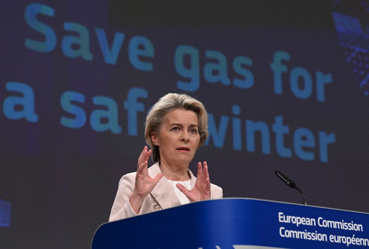 European Commission President Ursula von der Leyen speaks during a press conference after the College meeting on the 'Save gas for a safe winter' package at the EU headquarters in Brussels on July 20, 2022. - The European Commission urged EU countries to reduce demand for natural gas by 15 percent over the coming months to secure winter stocks and defeat Russian "blackmail". (Photo by JOHN THYS / AFP)