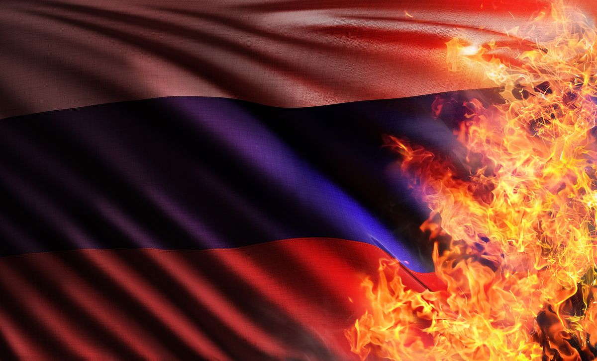 3d,Illustration,Of,The,Flag,Of,Russian,Federation,Or,Russia, 3D illustration of the flag of Russian Federation or russia burnt by the hot flames of arson wildfires due to the summer global warming.