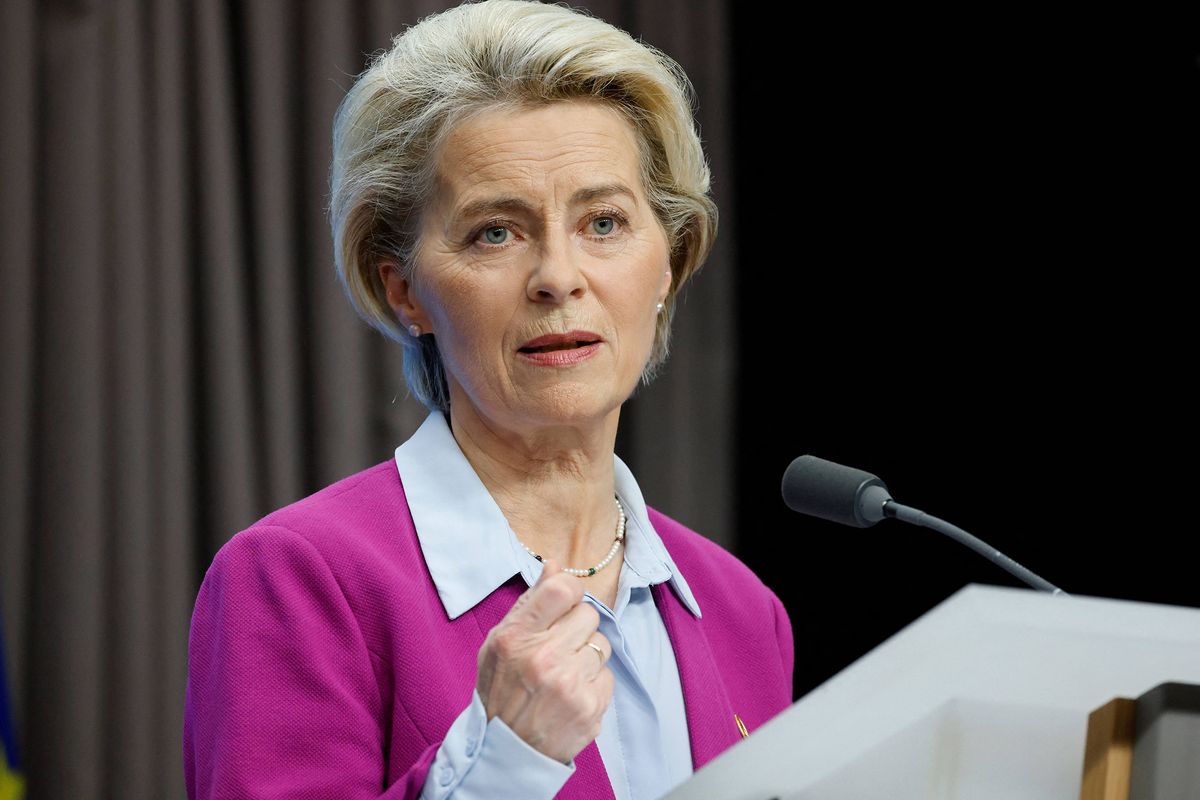 President of the European Commission Ursula von der Leyen gives a press conference at The European Council Building in Brussels on June 24, 2022. (Photo by Ludovic MARIN / AFP)