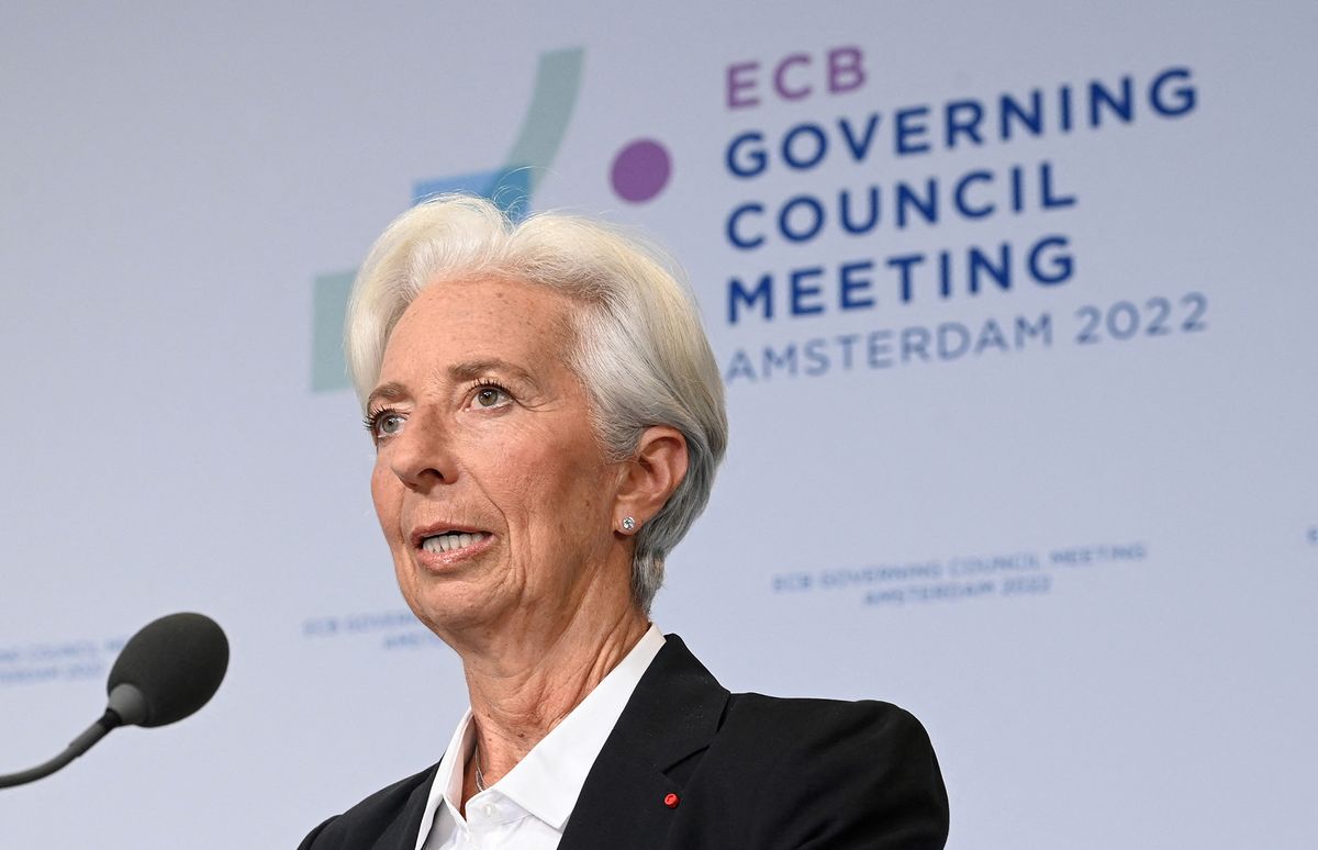President of the European Central Bank (ECB) Christine Lagarde speaks during a press conference on Governing Council meeting focused on monetary policy in the euro zone in Amsterdam on June 09, 2022. (Photo by JOHN THYS / AFP)