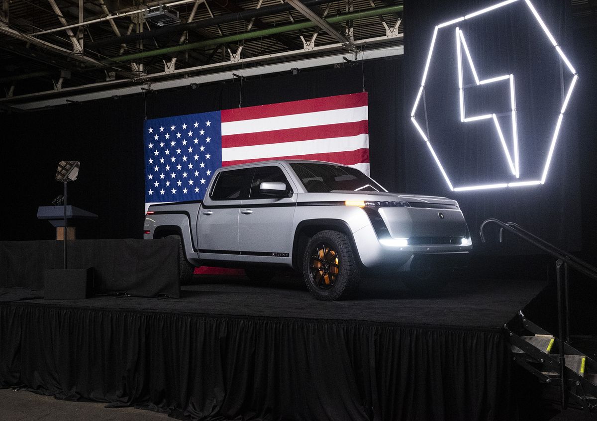 The Lordstown Motors Corp. Endurance electric pickup truck sits on stage during an unveiling event in Lordstown, Ohio, U.S., on Thursday, June 25, 2020. The Trump administration is counting on Lordstown Motors to salvage political capital lost when GM decided to abandon the Ohio plant last year.