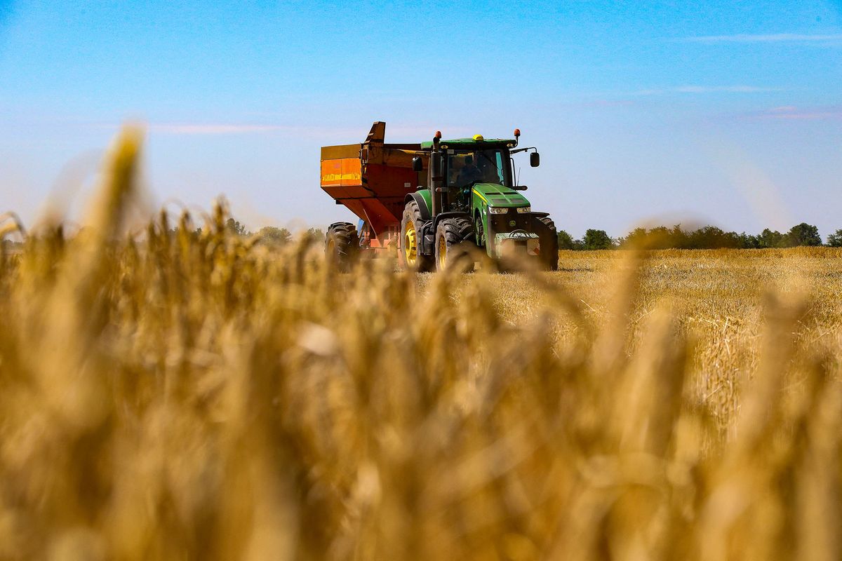 ODESA REGION, UKRAINE - JUNE 22, 2022 - A tractor is seen in a field during the harvesting of grain crops in Odesa Region, southern Ukraine. This photo cannot be distributed in the Russian Federation.NO USE RUSSIA. NO USE BELARUS. (Photo by Nina Liashonok / NurPhoto / NurPhoto via AFP)