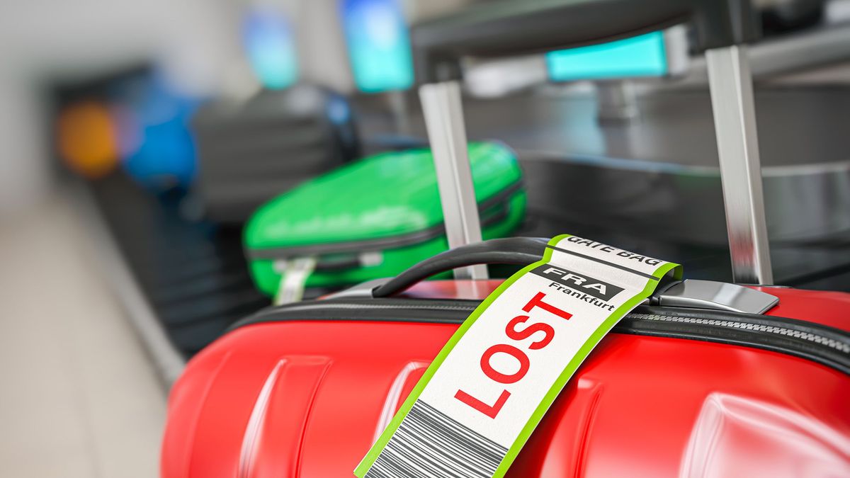 Suitcase with lost sticker on an airport baggage conveyor or baggage claim transporter. 3d illustration