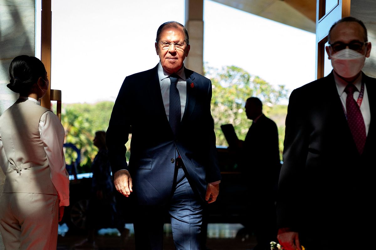 Russian's Foreign Minister Sergei Lavrov arrives at the G20 Foreign Ministers' Meeting in Nusa Dua on the Indonesian resort island of Bali on July 8, 2022. (Photo by Stefani Reynolds / POOL / AFP)