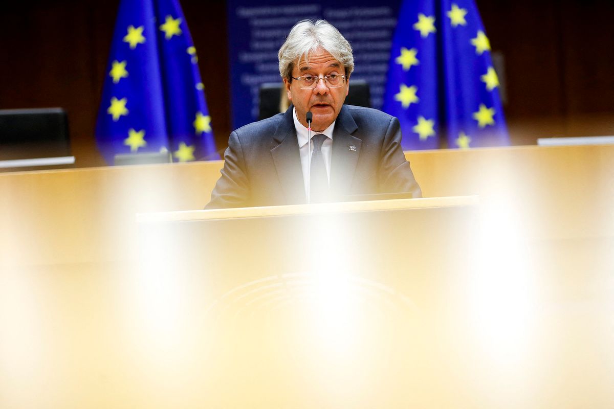 European Commissioner for Economy Paolo Gentiloni addresses European lawmakers during a plenary debate on recovery and resilience at the European Parliament in Brussels, on May 18, 2021. (Photo by Francisco Seco / POOL / AFP)