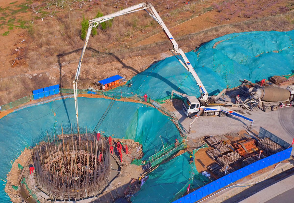 Power of Siberia undergoes construction in north China, Aerial view of construction workers working on the Power of Siberia gas pipeline Qinhuangdao section in Qinhuadao city, north China's Hebei province, 22 April 2020. (Photo by Cao Jianxiong / Imaginechina via AFP)