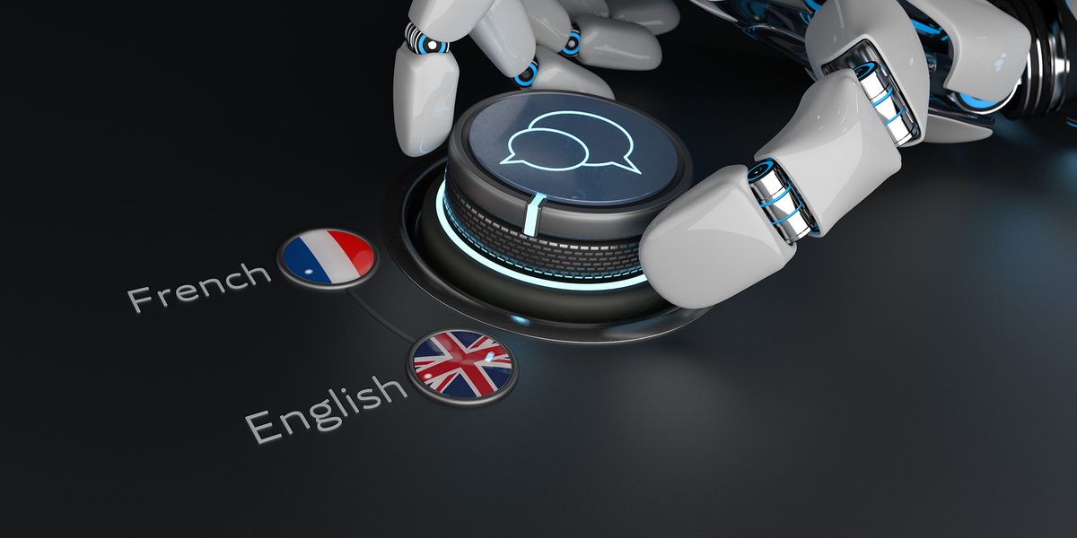 Concept,Of,Artificial,Intelligence,In,Use,As,A,Translator,,French, Concept of artificial intelligence in use as a translator, french to english. 3d illustration.
