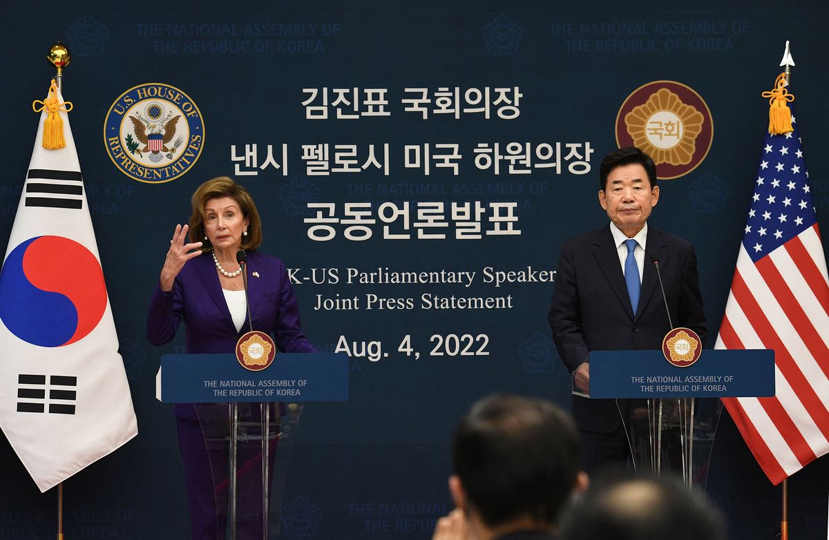 US House Speaker Nancy Pelosi and South Korean National Assembly speaker Kim Jin-pyo attend a joint press announcement after their meeting at the National Assembly in Seoul on August 4, 2022. (Photo by KIM Min-Hee / POOL / AFP)