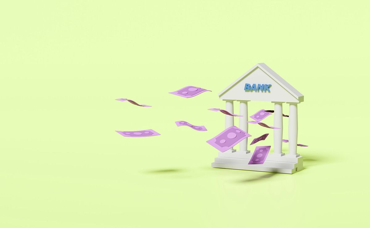 bank or tax office adó building with banknote isolated on purple background. saving money concept, 3d illustration, 3d render