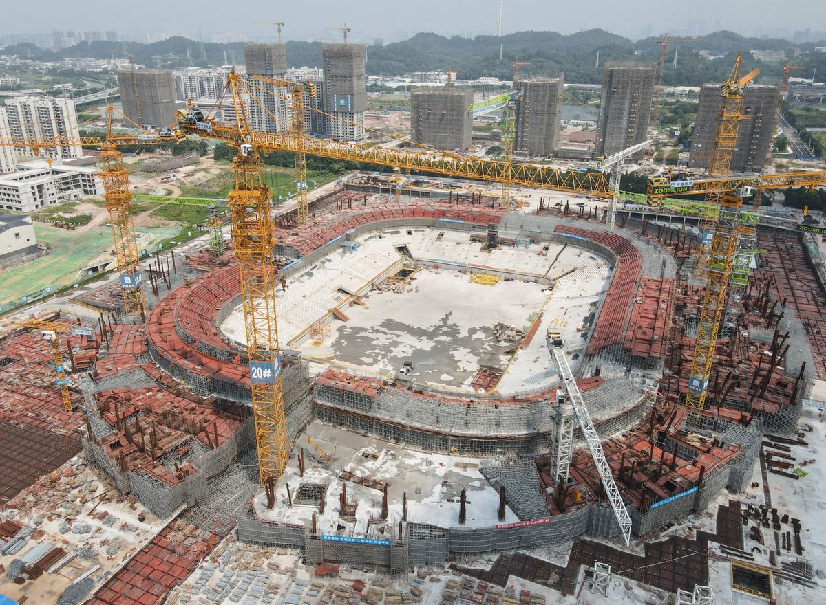 This aerial photo taken on September 17, 2021 shows a view of the under-construction Guangzhou Evergrande football stadium in Guangzhou in China's southern Guangdong province. (Photo by AFP) / China OUT