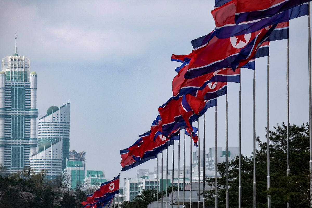Daily Life In North Korea, North Korean flags at the Kumsusan Palace of the Sun where the embalmed bodies of Kim Il-sung and Kim Jong-il are displayed. Photo taken in Pyongyang, North Korea on April 15 2018.  (Photo by Simon Holmes/NurPhoto) (Photo by Simon Holmes / NurPhoto / NurPhoto via AFP)