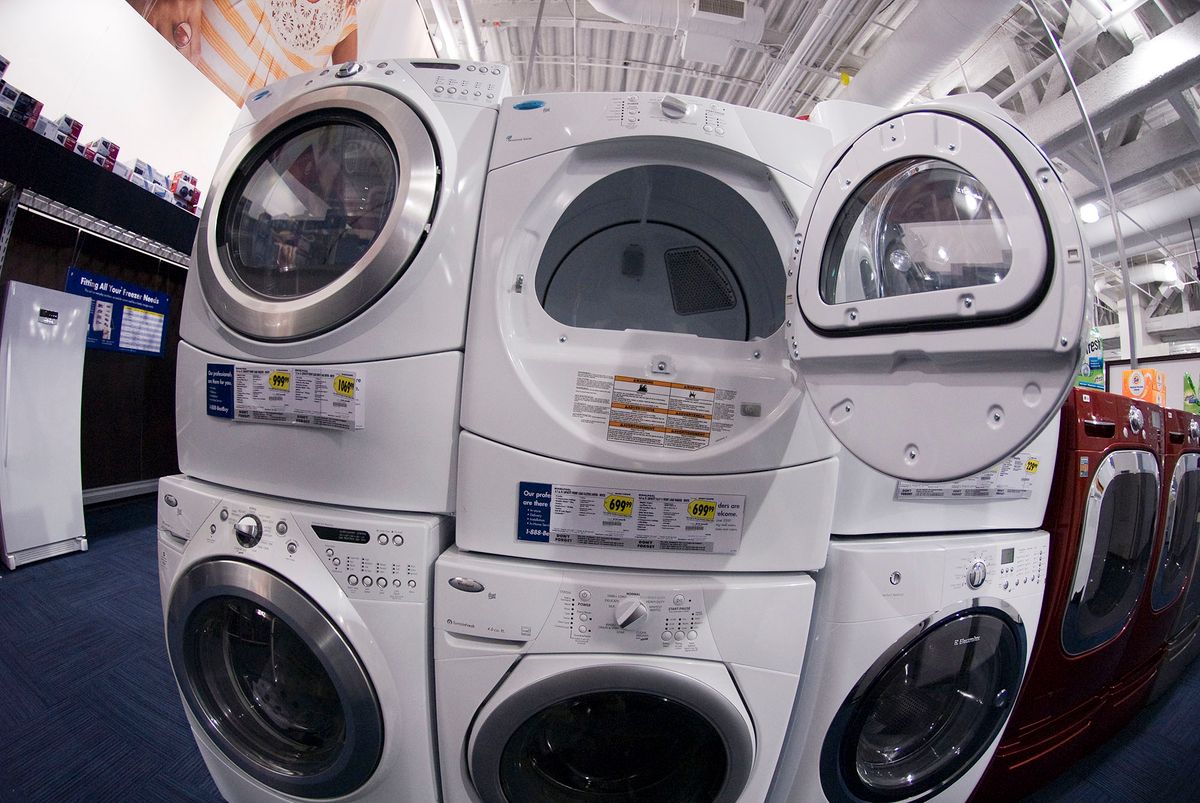 526666930 Whirlpool washing machines and dryers at a Best Buy electronics store in New York on Saturday, March 27, 2010. Whirlpool reported that fourth-quarter earnings beat analysts' expectations but sales fell short of estimates. (�� Richard B. Levine) (Photo by Richard Levine/Corbis via Getty Images)
