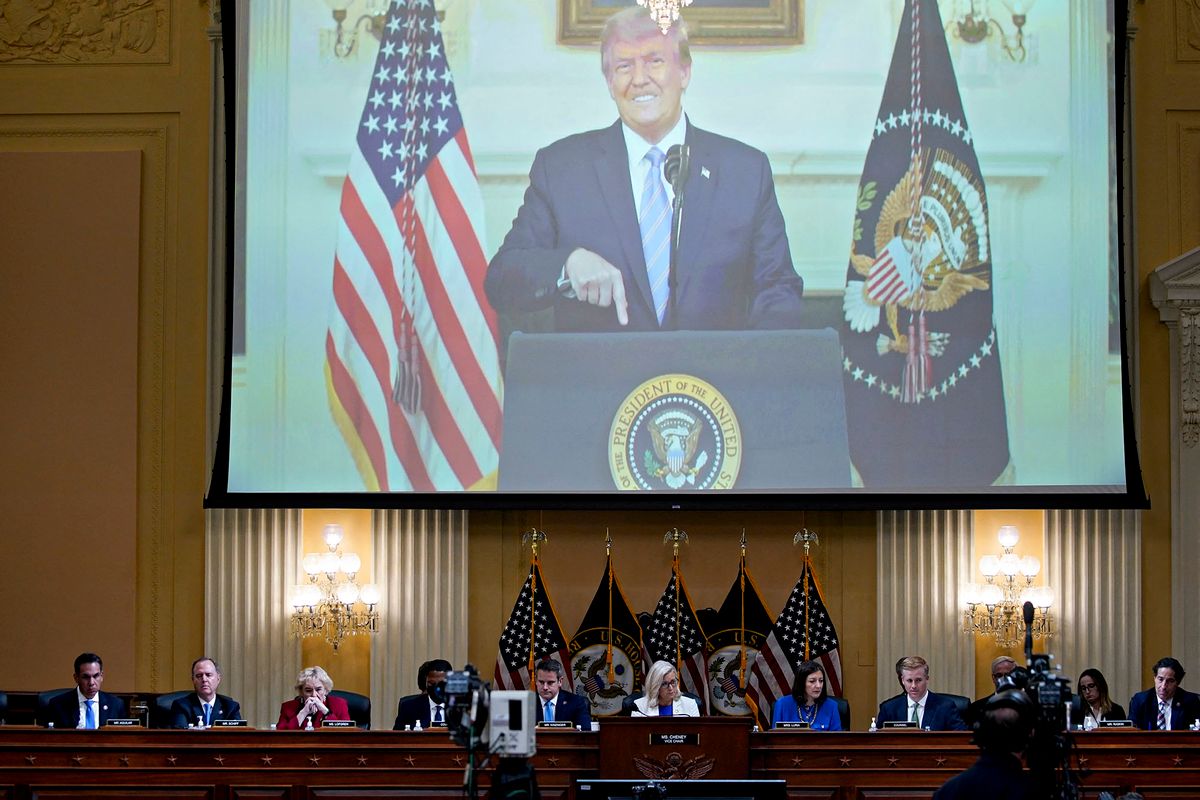 A video of former US President Donald Trump recording an address to the nation on January 7, 2021, is displayed on a screen during a hearing by the House Select Committee to investigate the January 6th attack on the US Capitol in the Cannon House Office Building in Washington, DC, on July 21, 2022. - The select House committee conducting the investigation of the Capitol riot is holding its eighth and final hearing, providing a detailed examination of former president Donald Trump's actions on January 6th. More than 850 people have been arrested in connection with the 2021 attack on Congress, which came after Trump delivered a fiery speech to his supporters near the White House falsely claiming that the election was "stolen." (Photo by Al Drago / POOL / AFP)