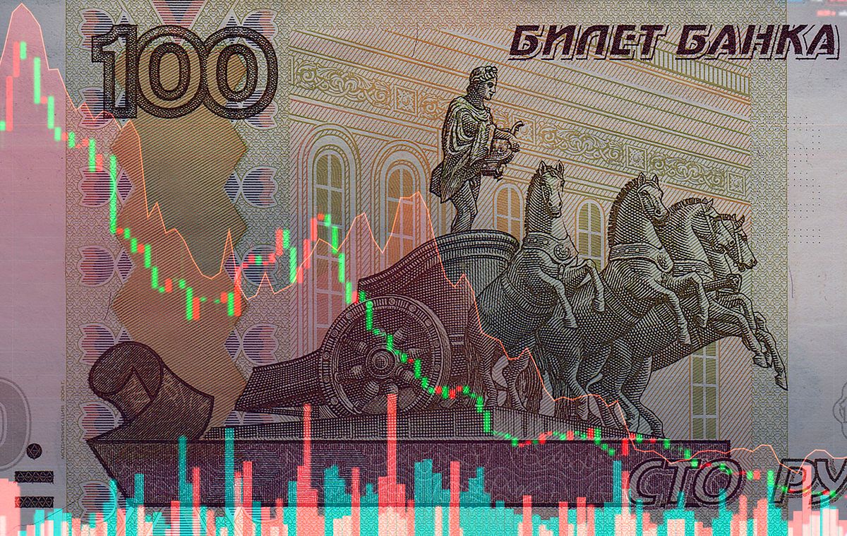 1388384006 pénz bankjegy orosz rubel Banknote of Russian rubles on the background of stock charts. Concept of Economic Sanctions in Russia