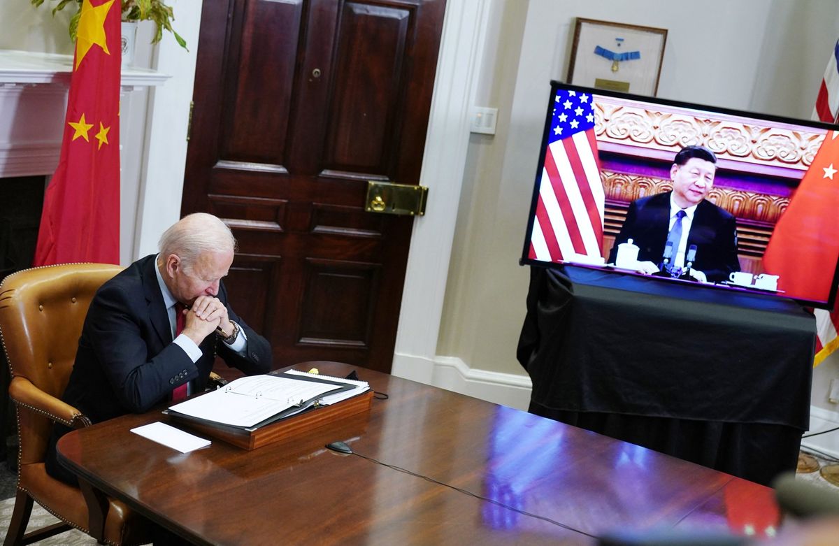 US President Joe Biden gestures as he meets with China's President Xi Jinping during a virtual summit from the Roosevelt Room of the White House in Washington, DC, November 15, 2021.
MANDEL NGAN / AFP