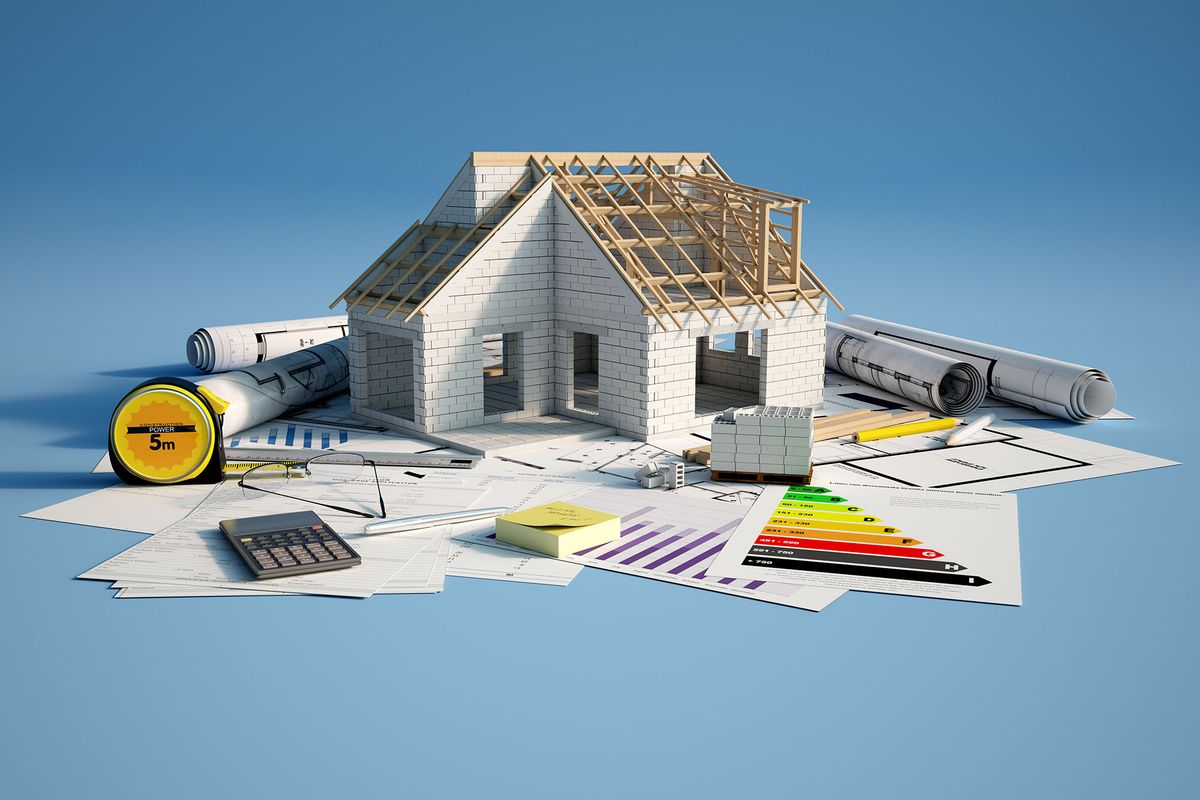 energiahatékony korszerű szigetelés hőszivattyú napelem ház 3D renderin of a house under construction on top of blueprints, mortgage forms and a energy efficiency chart