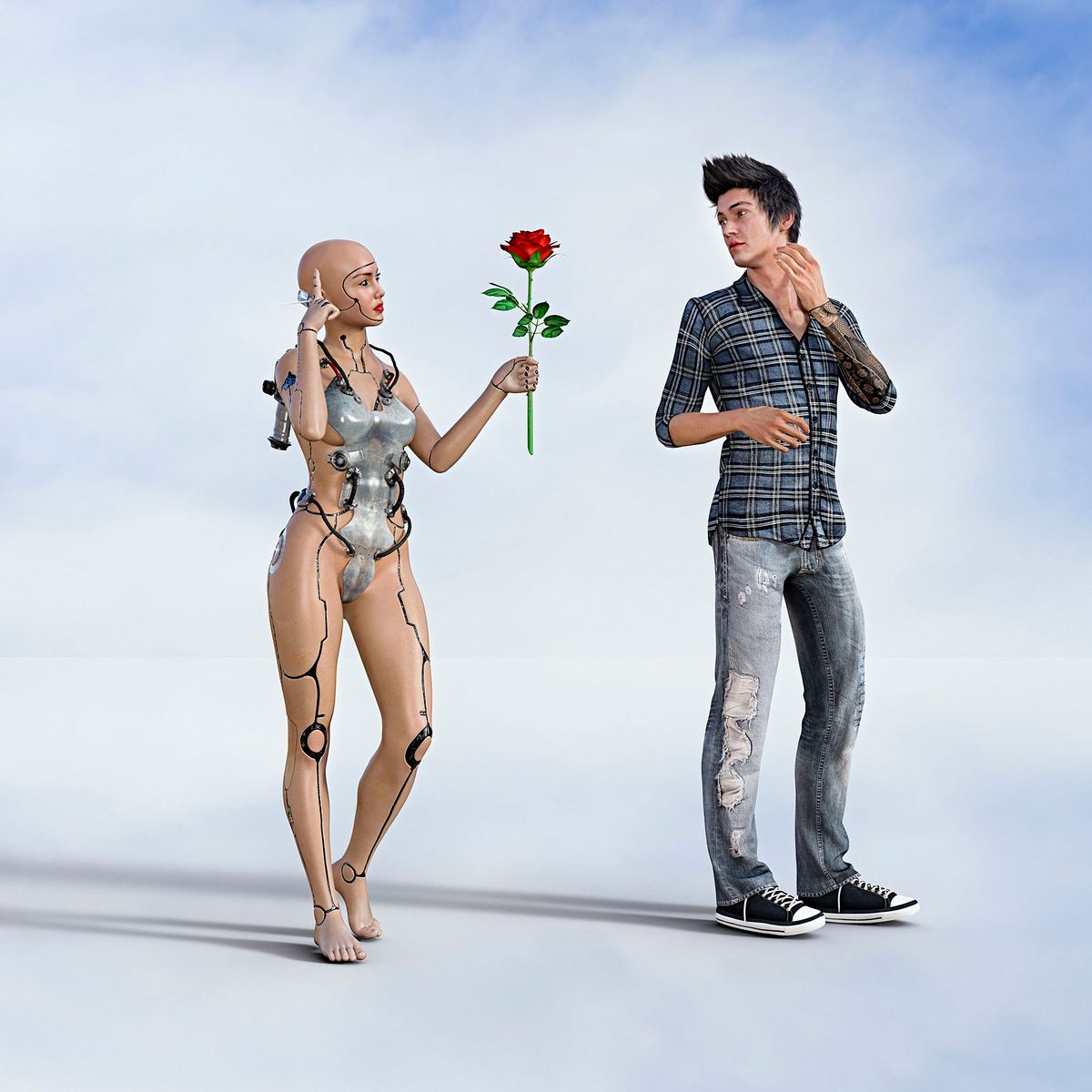 726774941 Woman robot offering rose to man