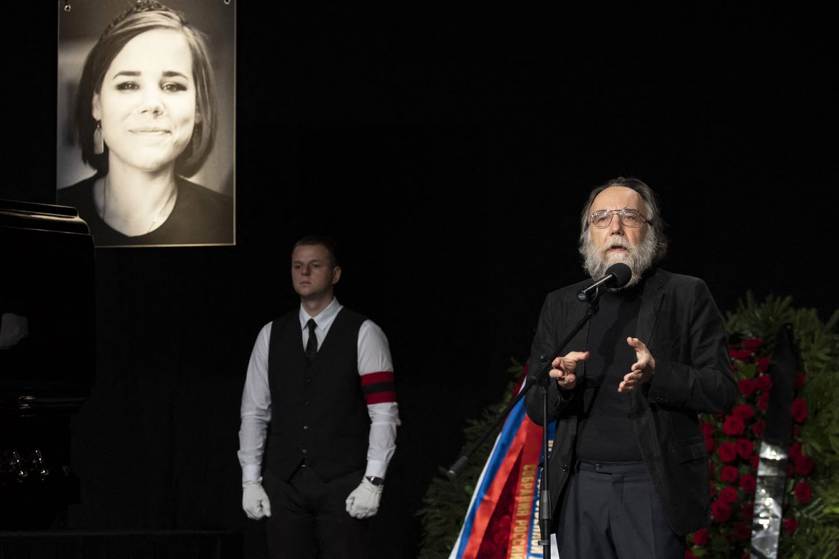 Funeral ceremony held in Moscow for killed journalist Darya Dugina, MOSCOW, RUSSIA - AUGUST 23: Russian sociologist and philosopher Aleksandr Dugin makes a speech as he attends a funeral ceremony on August 23, 2022 in Moscow, Russia for his daughter Darya Dugina, who was killed in a car explosion on the outskirts of Moscow late Saturday. Dugina, 29, was the daughter of Russian sociologist and philosopher Aleksandr Dugin, who heads the International Eurasian Movement, a political movement which opposes American values like liberalism and capitalism. Evgenii Bugubaev / Anadolu Agency (Photo by Evgenii Bugubaev / ANADOLU AGENCY / Anadolu Agency via AFP)
