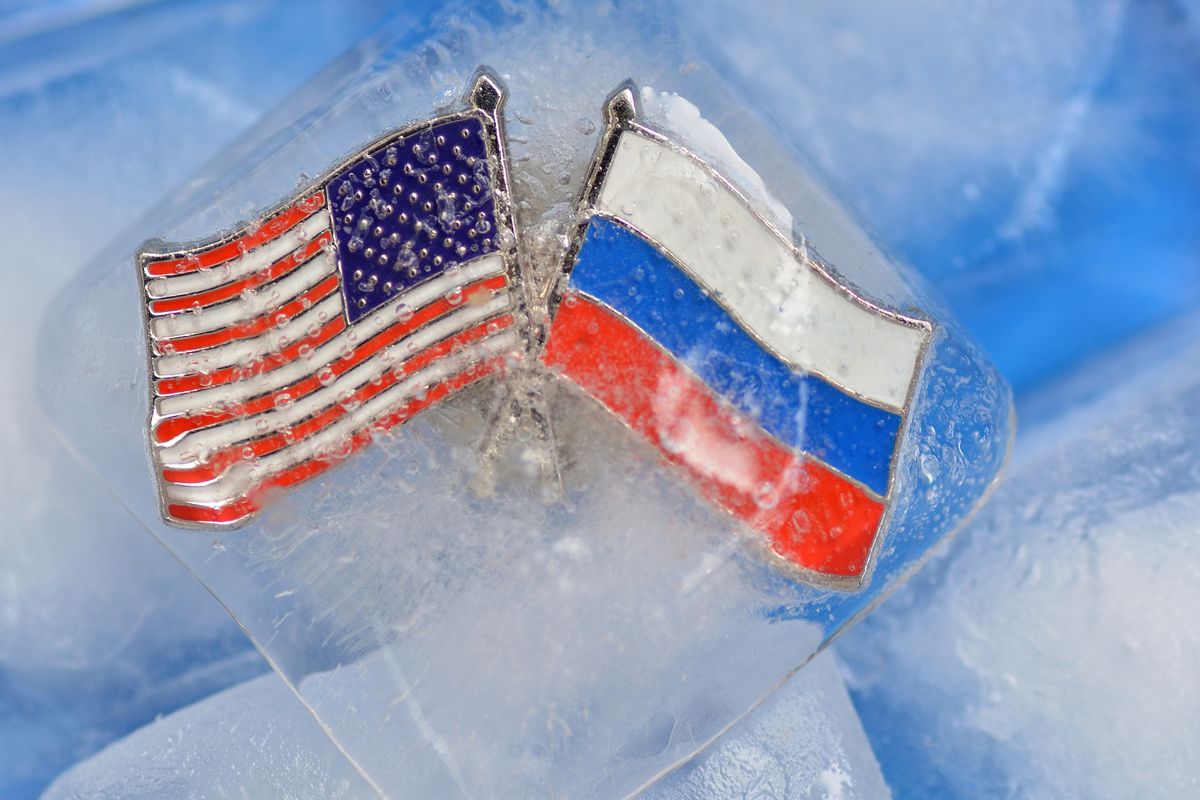 Velikiy,Novgorod.rossiya.07.14.2019.flags,Of,Russia,And,The,Usa,In,The,Ice.