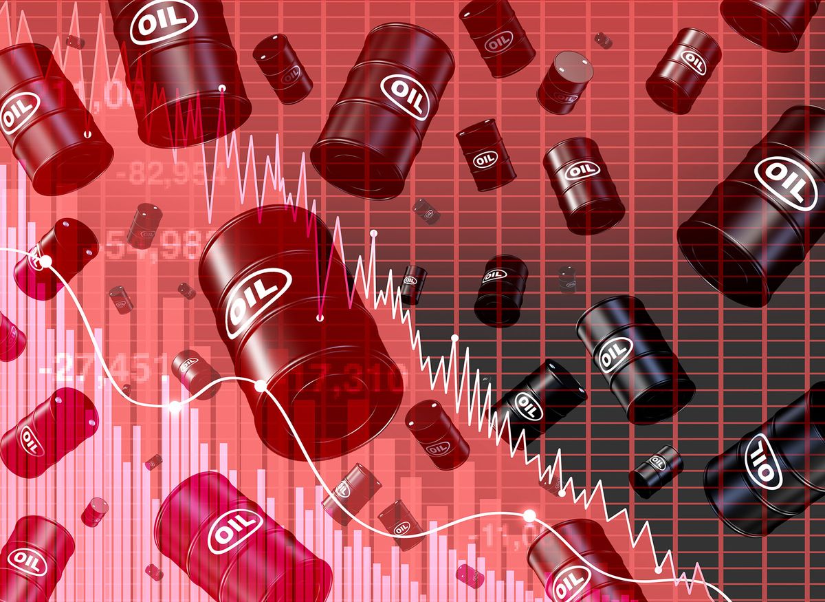Falling oil price dive and decrease of petroleum costs concept as a barrel with supply and demand as a downward arrow as a metaphor for energy stock market decline with 3D illustration elements.