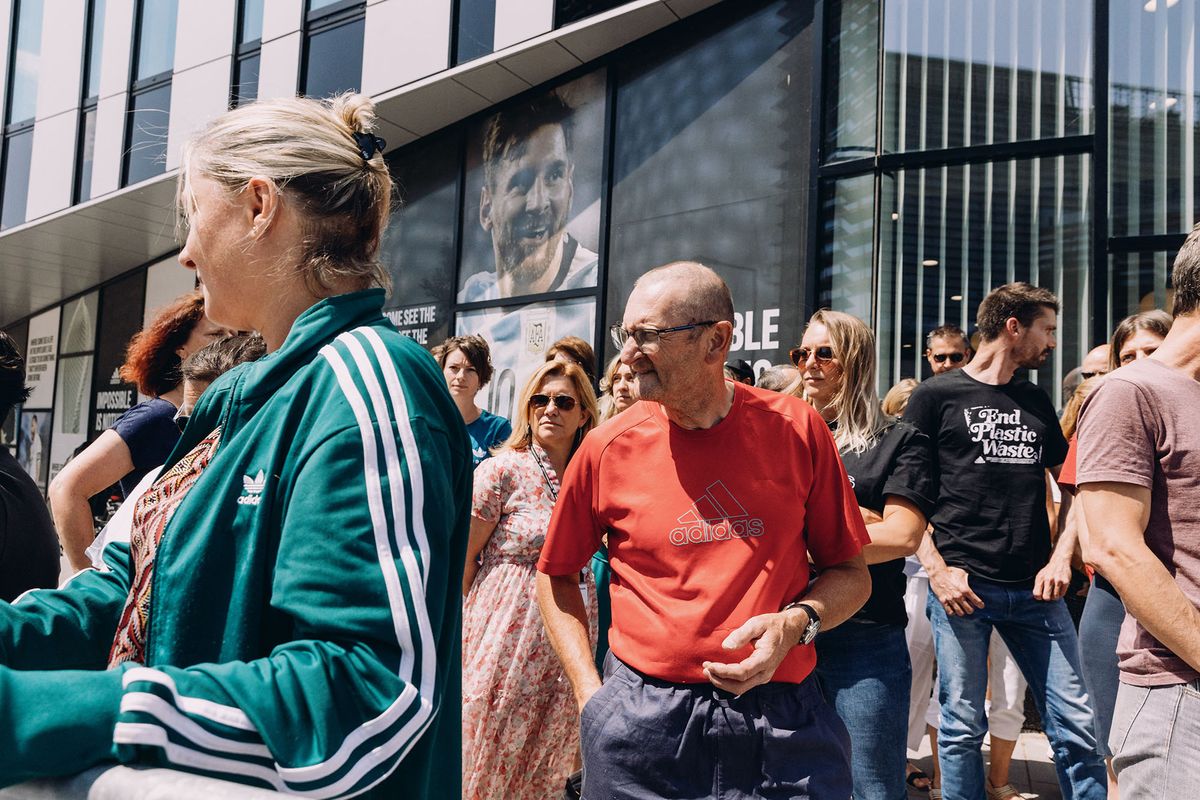 About 60 Adidas employees gathered in front of their Alsatian premises to protest against a potential move of the headquarters to Paris, Strasbourg, eastern France, on June 21, 2022. (Photo by Abdesslam Mirdass / Hans Lucas / Hans Lucas via AFP)