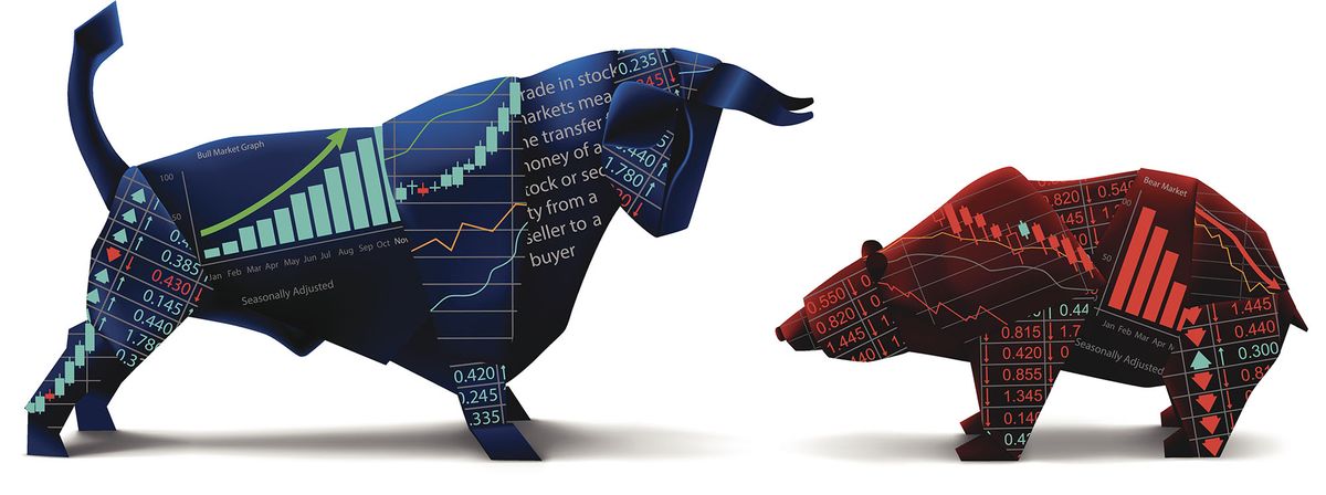 bika medve Bull and bear shapes look like made of origami paper with symbols of tőzsdepiac stock market trends on them. Vector illustration. 514753795