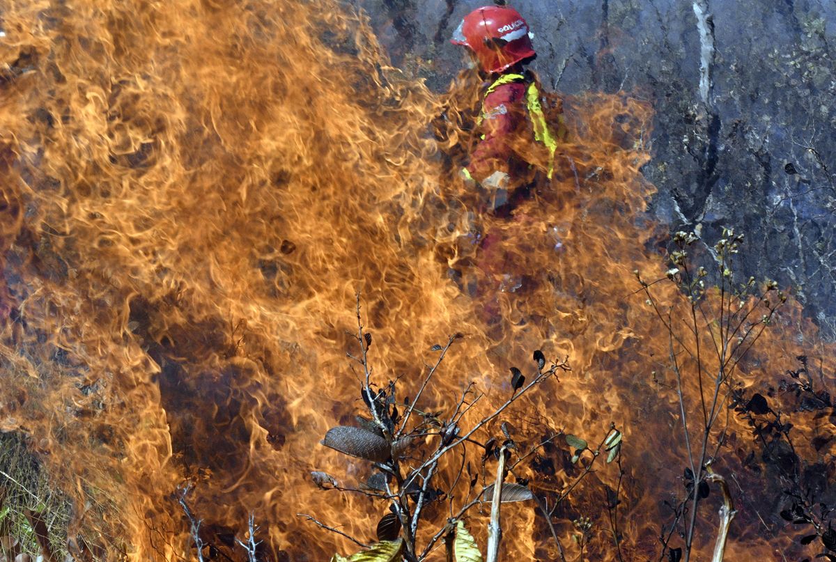 A firefighter tries to control a fire near Charagua, Bolivia, in the border with Paraguay, south of the Amazon basin, on August 29, 2019. - Fires have destroyed 1.2 million hectares of forest and grasslands in Bolivia this year, the government said on Wednesday, although environmentalists claim the true figure is much greater. The news comes after leftist President Evo Morales suspended his re-election campaign on Monday to direct the government's response to a growing environmental disaster in the Bolivian portion of the Amazon rainforest, where wildfires have been raging since May. (Photo by AIZAR RALDES / AFP)