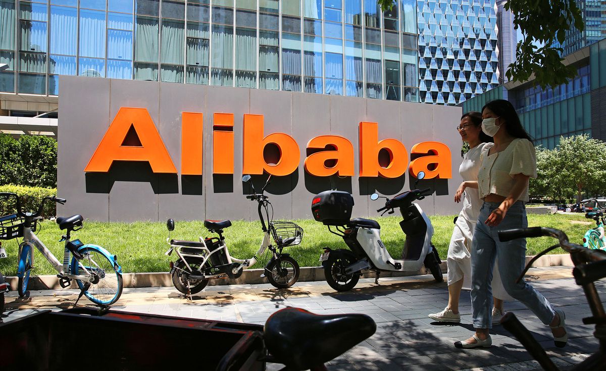 A signboard of Alibaba Group Holding Limited is seen in Beijing, China on June 24, 2022. Chinese multinational technology company Alibaba may be affected by revision of the Antimonopoly Law.( The Yomiuri Shimbun ) (Photo by Koki Kataoka / Yomiuri / The Yomiuri Shimbun via AFP)