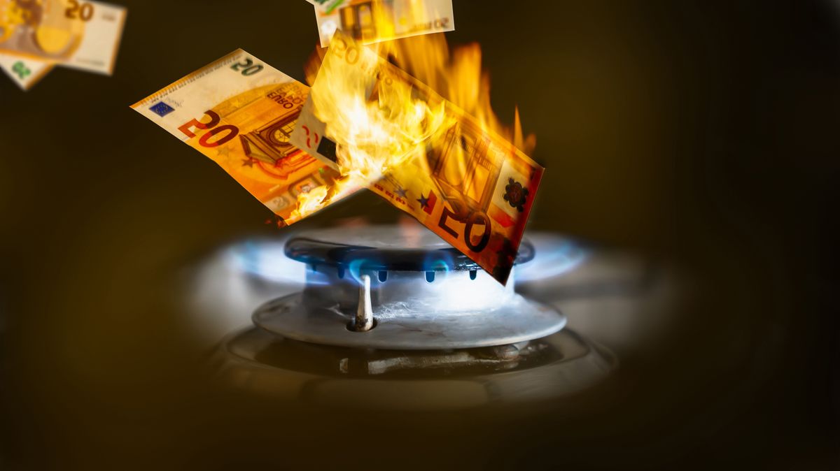 gas price increase, euro banknotes burn in the gas flame, symbolic concept for for rising energy costs, money in the fire, close-up
