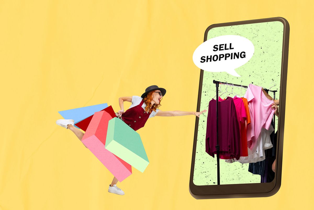 Creative design. Contemporary art collage of young woman, shopacholic buying cloth via Internet. Modern technologies. Concept of online worldwide shopping, comfort, application, network and ad