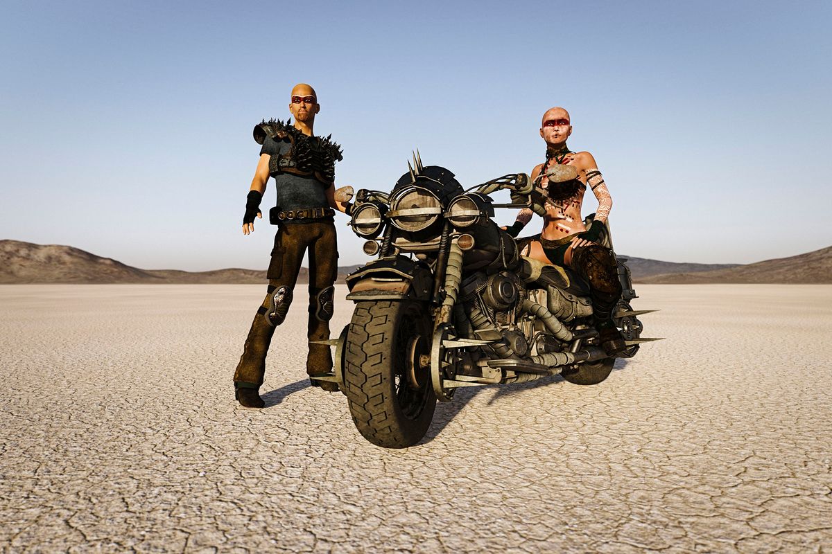 758283383 Futuristic road warriors on motorcycle in desert