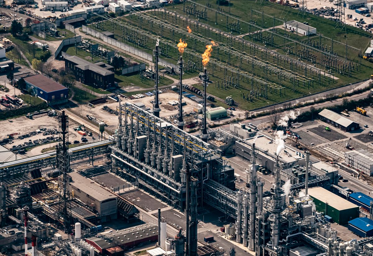 Aerial photo BASF, 26 March 2020, Rhineland-Palatinate, Ludwigshafen: A plant section of BASF in Ludwigshafen, taken as an aerial photograph from an airplane. Photo: Uli Deck/dpa (Photo by ULI DECK / DPA / dpa Picture-Alliance via AFP)