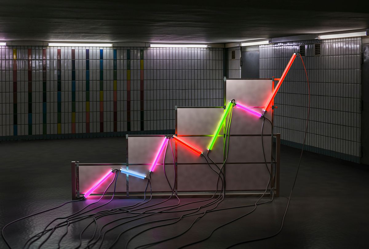 A graph made of neon tubes in a room