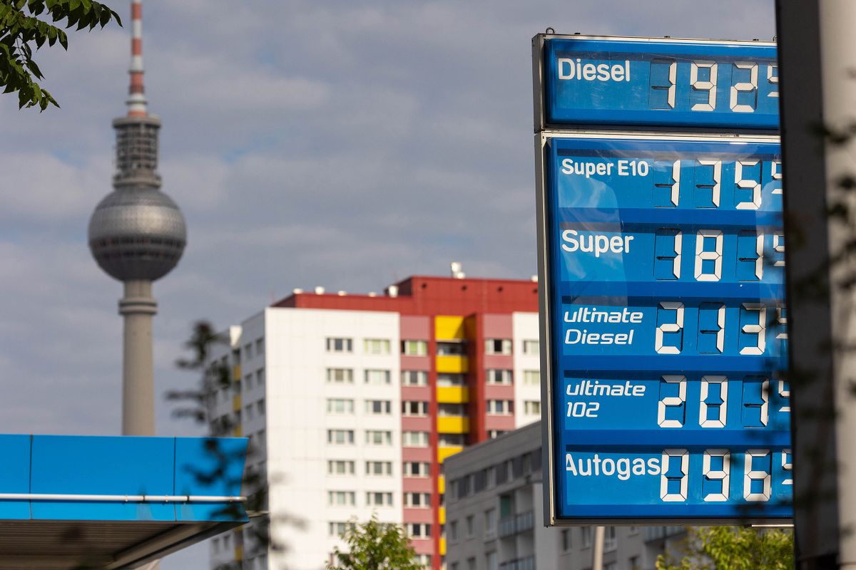 A fuel price sign at an Aral AG gas station in central Berlin, Germany, on Tuesday, Aug. 9. 2022. German Finance Minister Christian Lindner said he will look at ways of exempting the country's looming gas levy from sales tax in an effort to at least partially ease the burden on consumers from soaring energy costs.