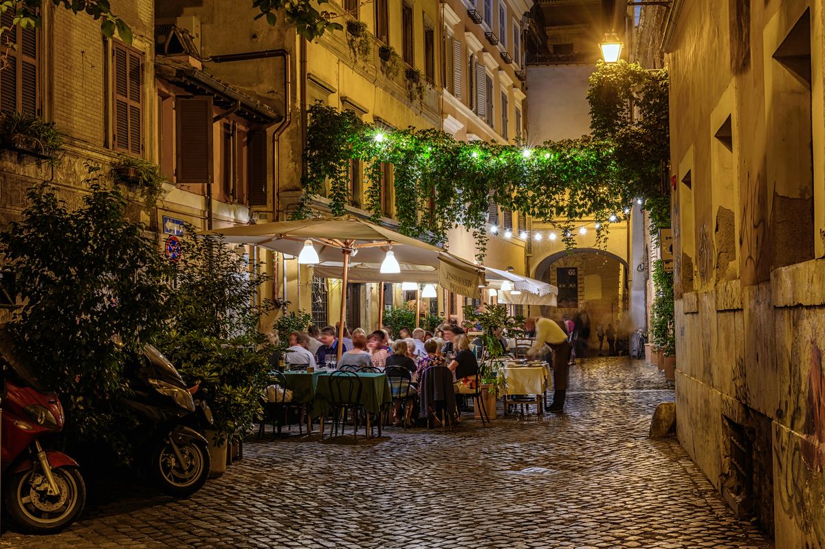 Night,View,Of,Old,Cozy,Street,In,Trastevere,In,Rome,