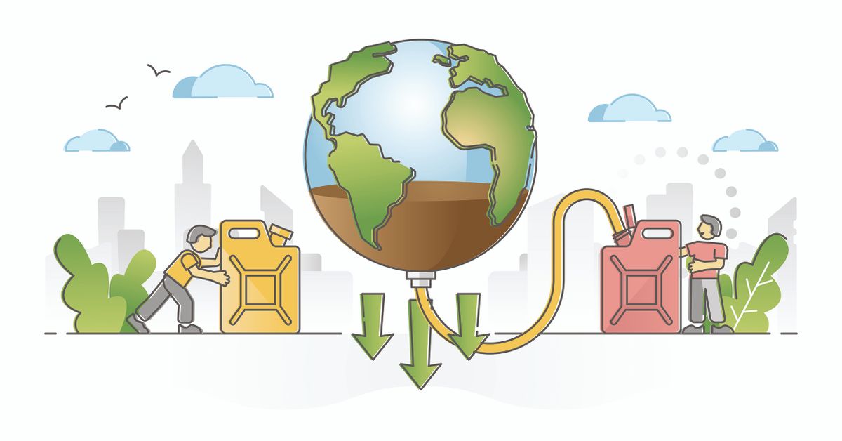 Natural resources depletion and planet reserves exhaustion outline concept. Ecosystem destruction with oil consumption industry vector illustration. Climate impact from fossil source pumping process.