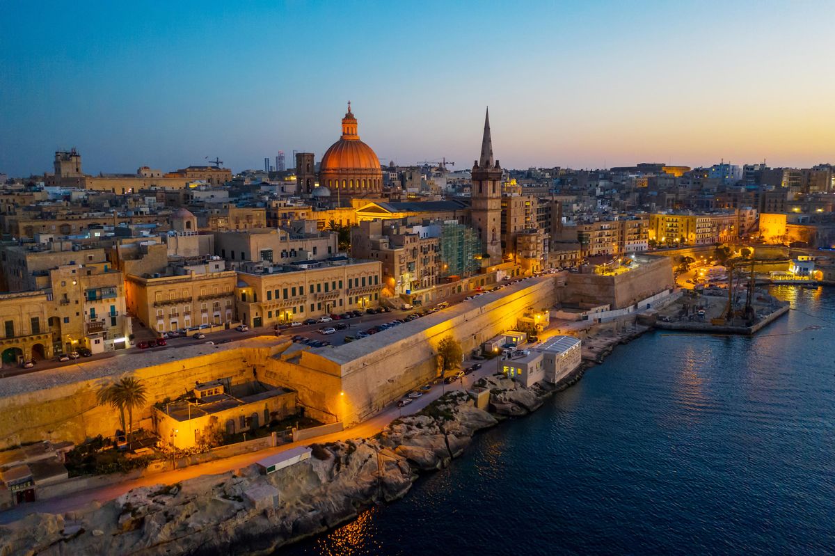 Aerial,Panorama,View,Of,Valletta,Skyline,,Evening,,Night.,Malta