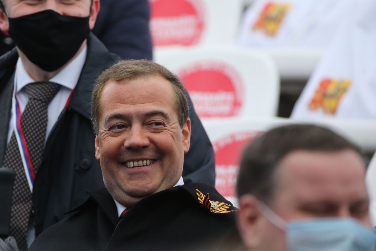 1232803977 MOSCOW, RUSSIA - MAY 9: (RUSSIA OUT)  Russian Security Council Deputy Chairman Dmitry Medvedev smiles during the military parade at Red Square, on May 9, 2021 in Moscow, Russia. Russians marks the Victory Day to commemorate the victory of Soviet Union over Nazi Germany in WWII, despite the coronavirus (COVID-19) outbreak. (Photo by Mikhail Svetlov/Getty Images)